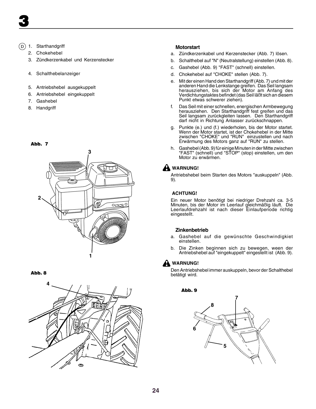 Husqvarna crt51 instruction manual Motorstart, Zinkenbetrieb, Warnung 