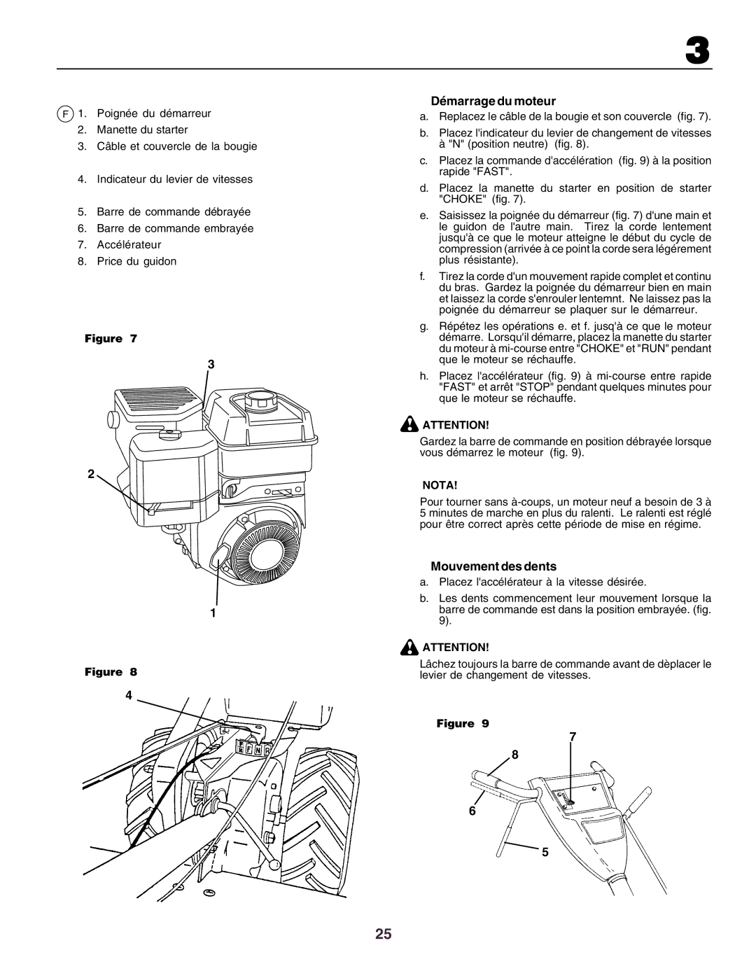 Husqvarna crt51 instruction manual Démarrage du moteur, Mouvement des dents 