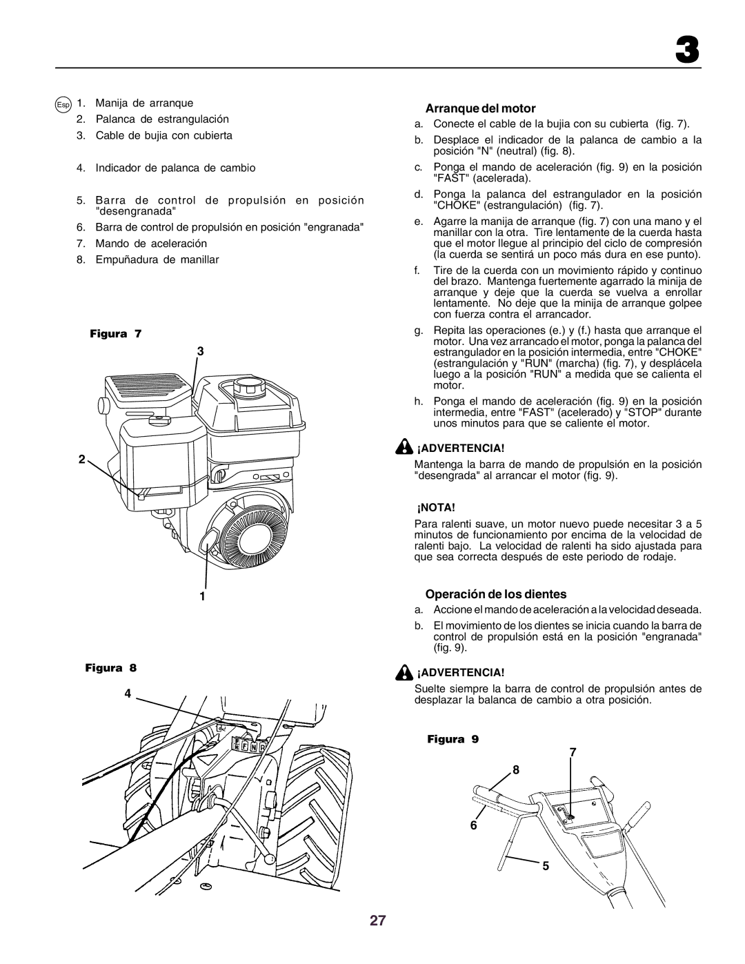 Husqvarna crt51 instruction manual Arranque del motor, ¡Advertencia 