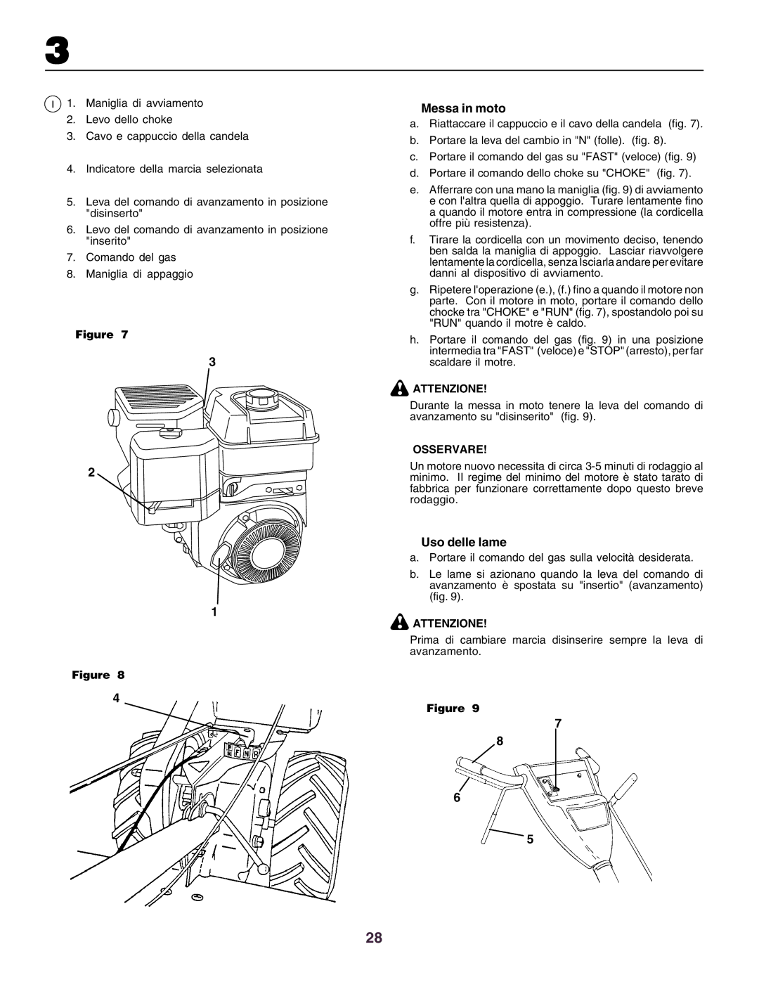 Husqvarna crt51 instruction manual Messa in moto, Uso delle lame, Attenzione 