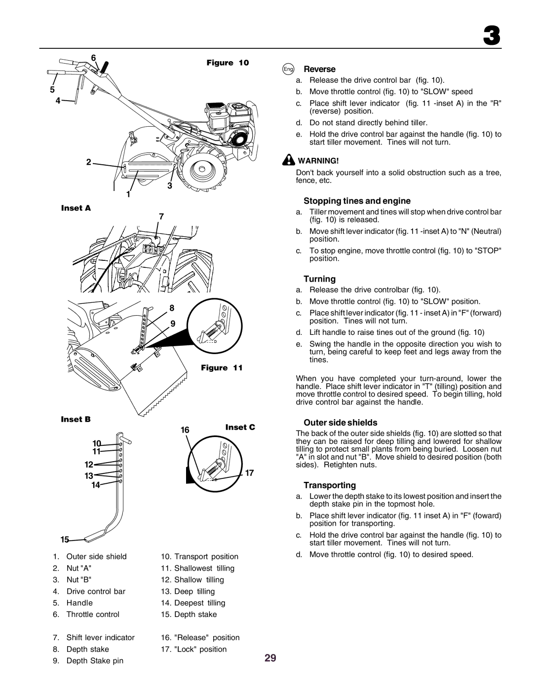 Husqvarna crt51 instruction manual Eng Reverse, Stopping tines and engine, Turning, Outer side shields, Transporting 