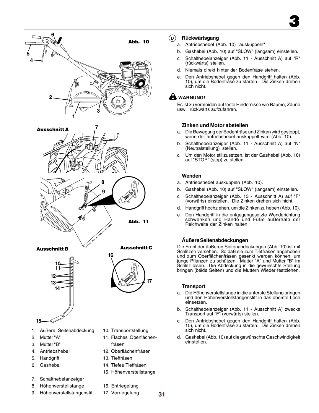 Husqvarna crt51 instruction manual Rückwärtsgang, Zinken und Motor abstellen, Wenden, Äußere Seitenabdeckungen, Transport 