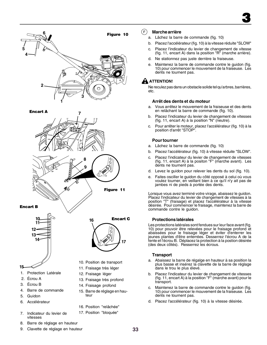 Husqvarna crt51 instruction manual Marche arrière, Arrêt des dents et du moteur, Pour tourner, Protections latérales 