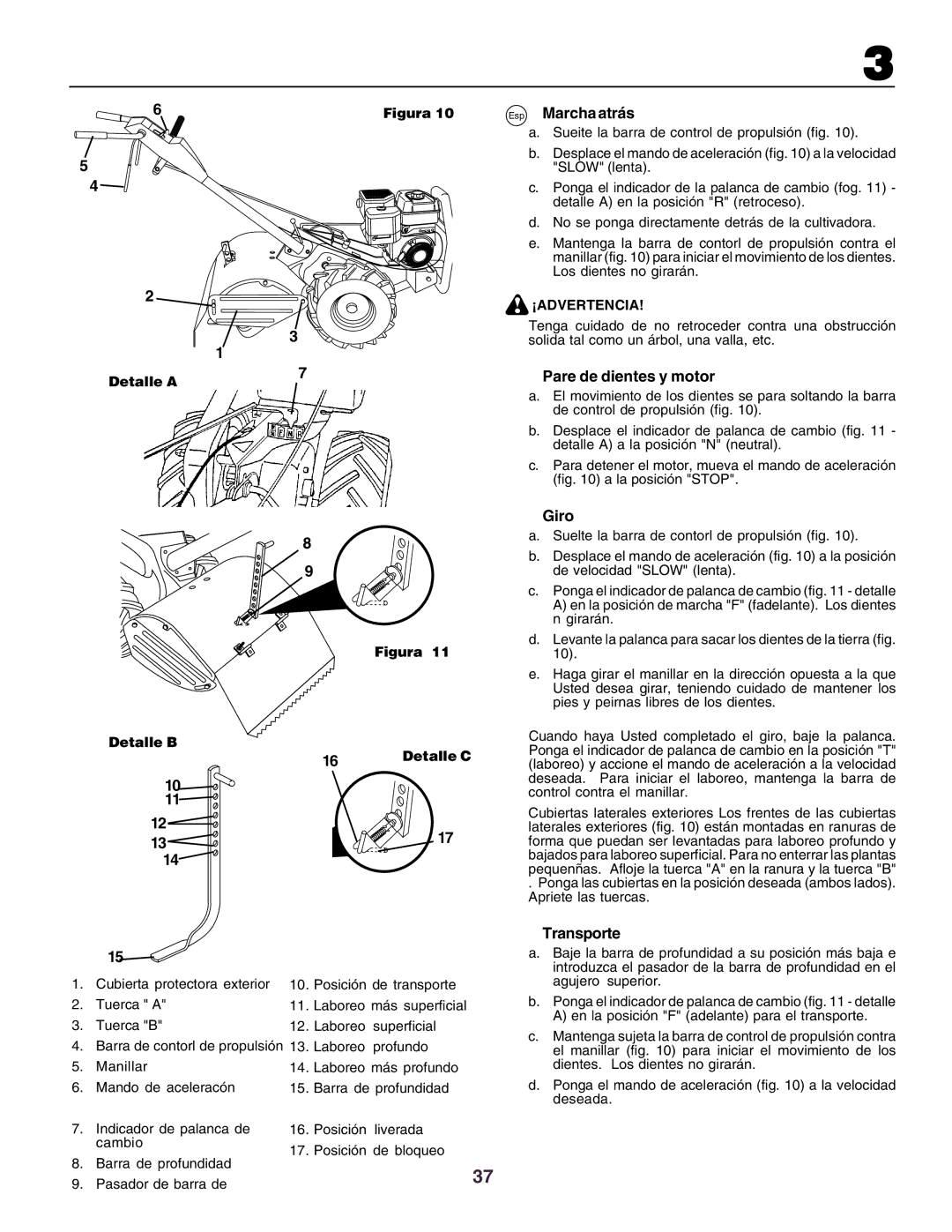 Husqvarna crt51 instruction manual Esp Marcha atrás, Pare de dientes y motor, Giro, Transporte, Detalle a 