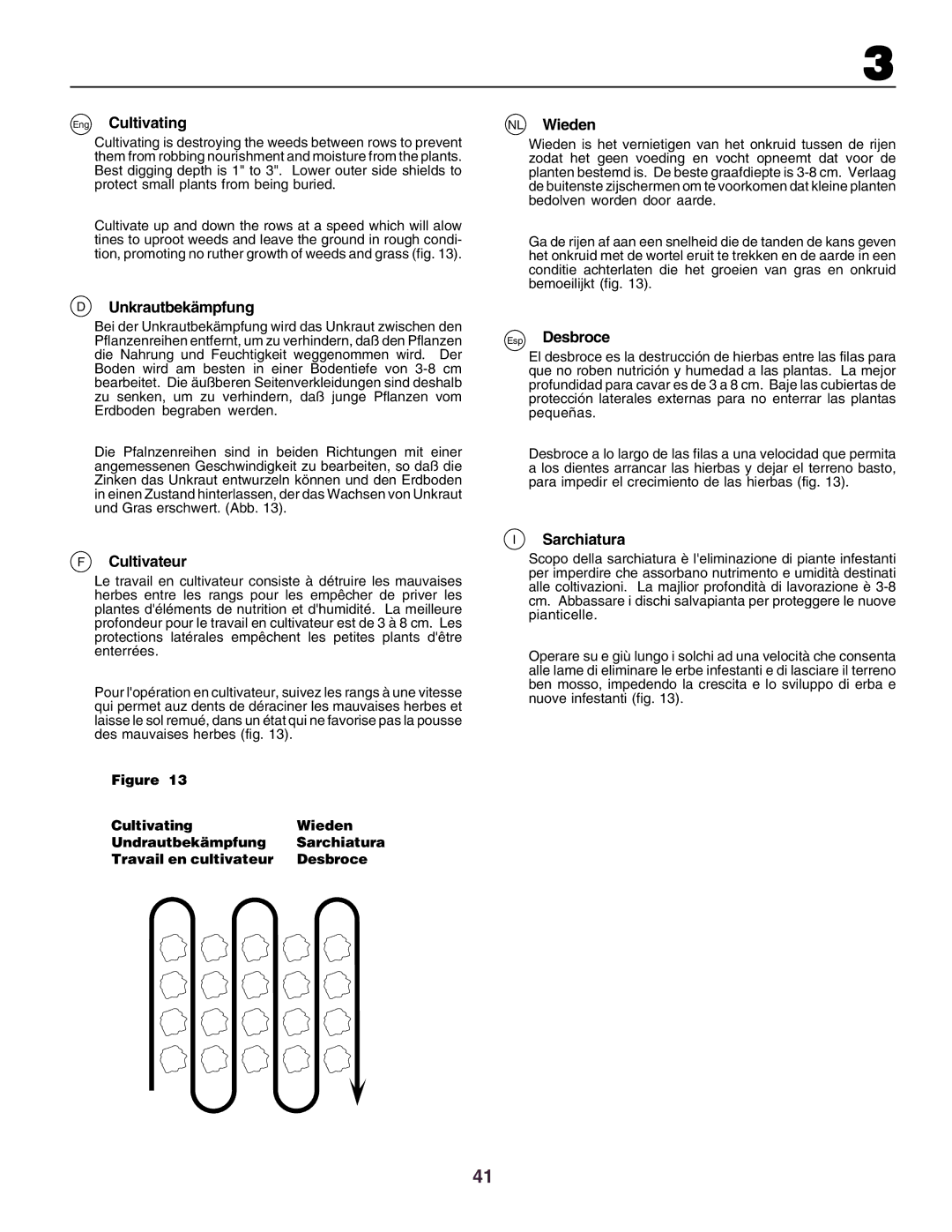 Husqvarna crt51 instruction manual Eng Cultivating, Unkrautbekämpfung, Cultivateur, NL Wieden, Esp Desbroce, Sarchiatura 