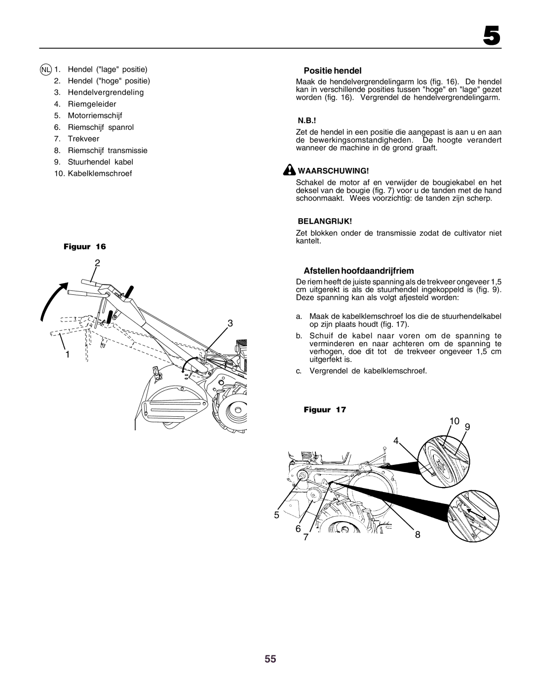 Husqvarna crt51 instruction manual Positie hendel, Afstellen hoofdaandrijfriem, Belangrijk 