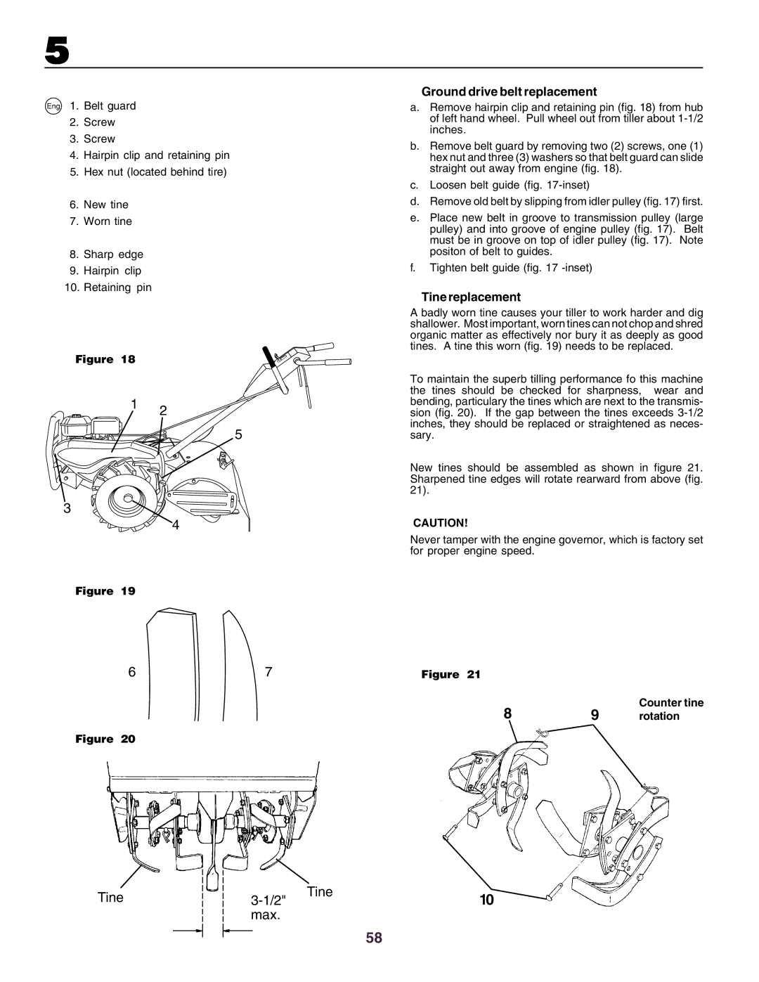 Husqvarna crt51 instruction manual Ground drive belt replacement, Tine replacement, Counter tine, Rotation 