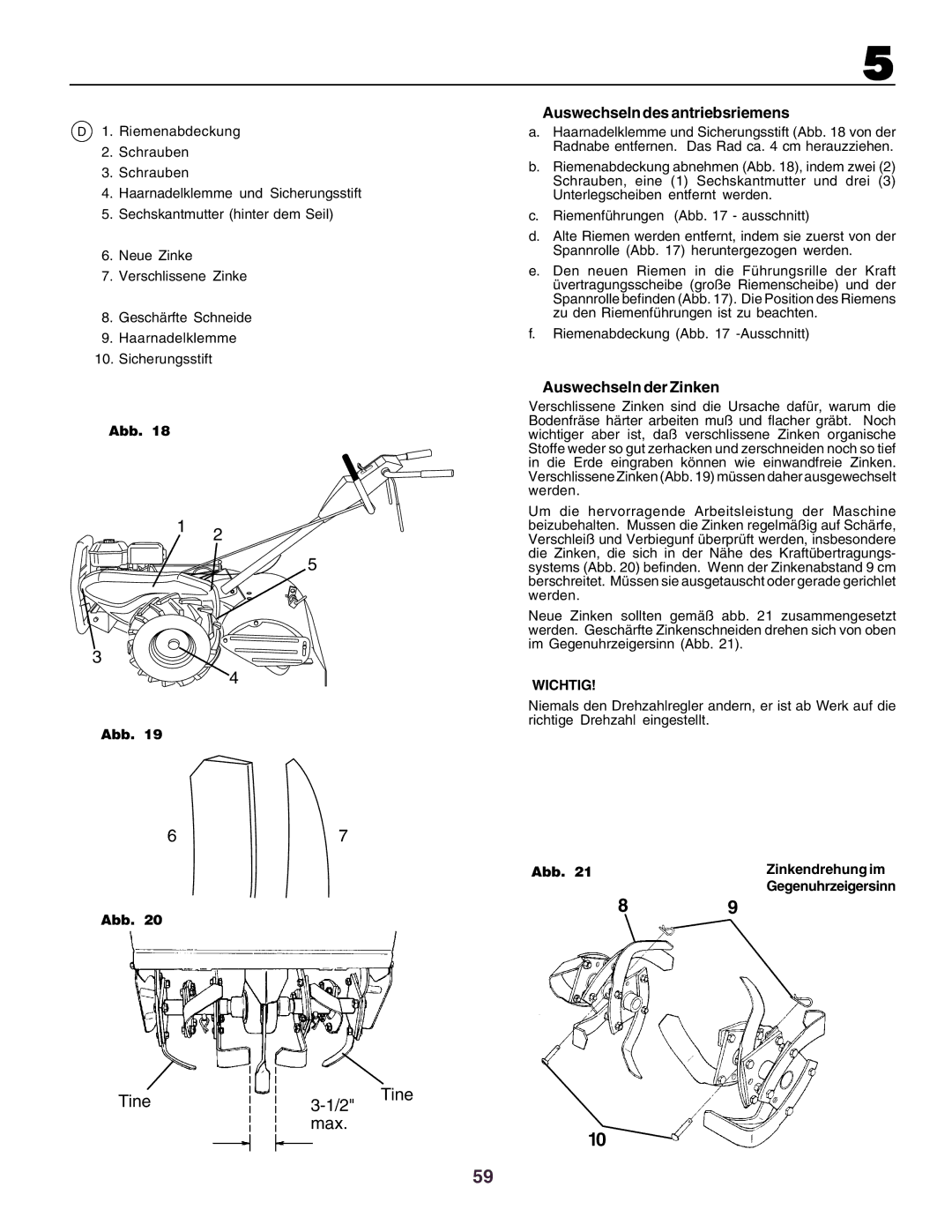 Husqvarna crt51 instruction manual Auswechseln des antriebsriemens, Auswechseln der Zinken, Abb Zinkendrehung im 