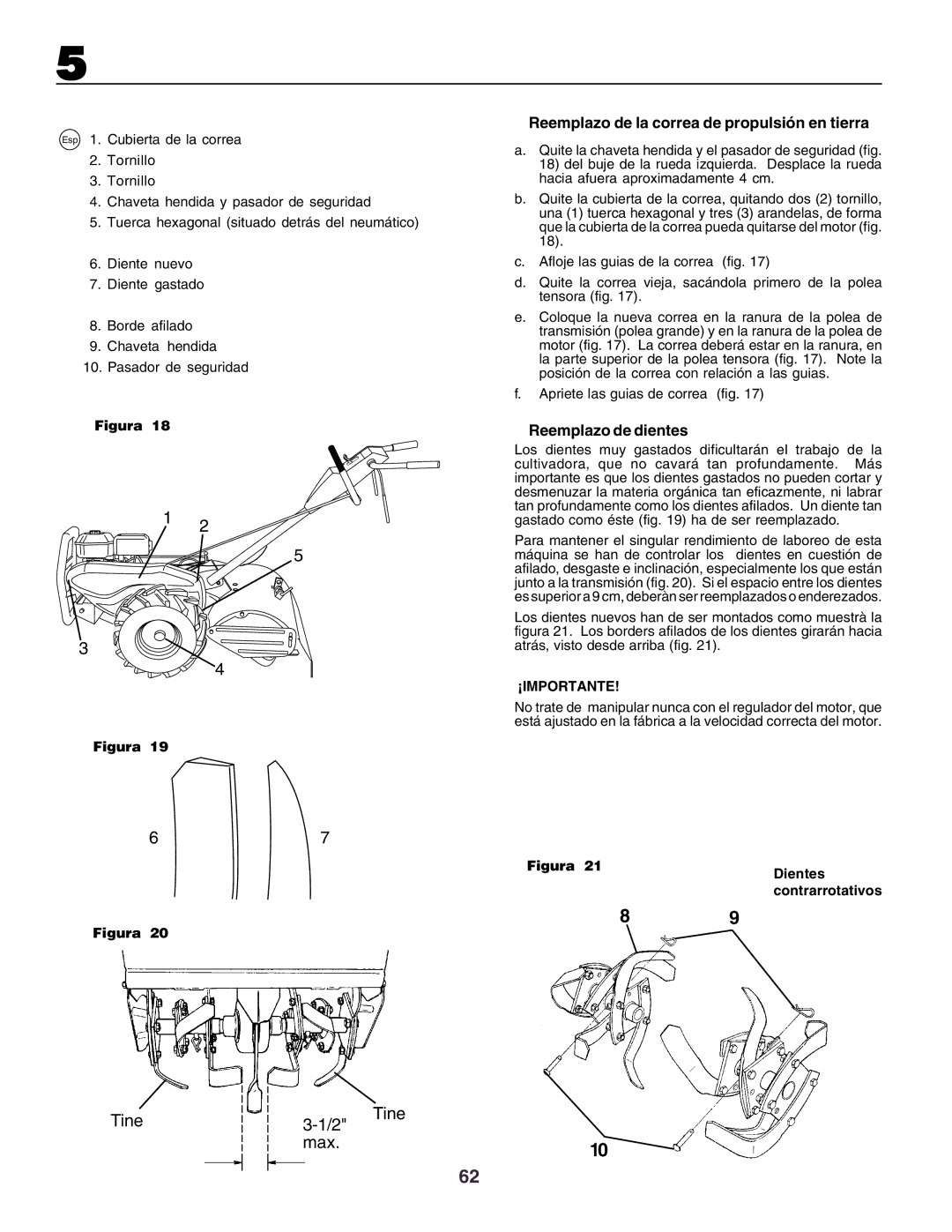 Husqvarna crt51 instruction manual Reemplazo de la correa de propulsión en tierra, Reemplazo de dientes 