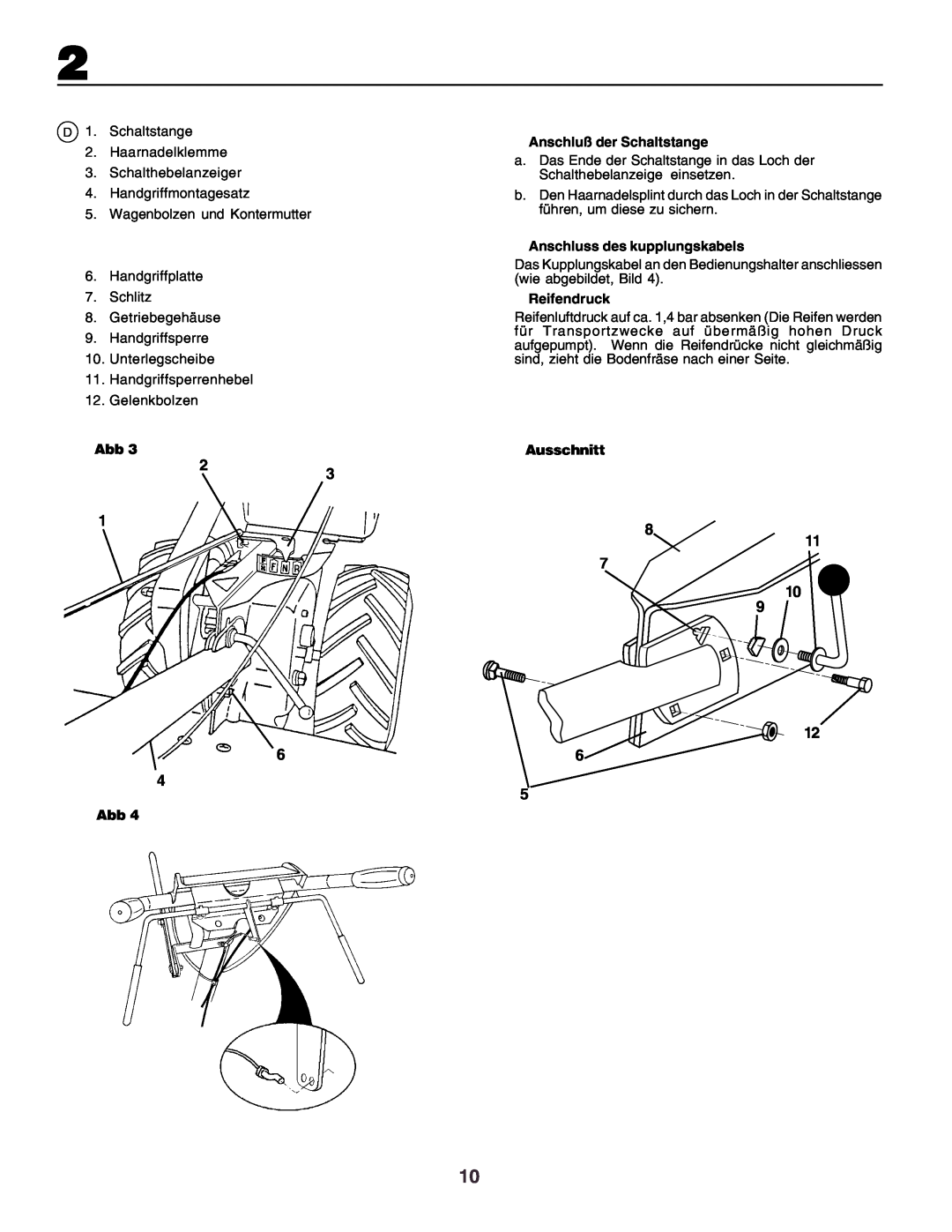 Husqvarna crt51 instruction manual Anschluß der Schaltstange, Anschluss des kupplungskabels, Reifendruck, Ausschnitt 