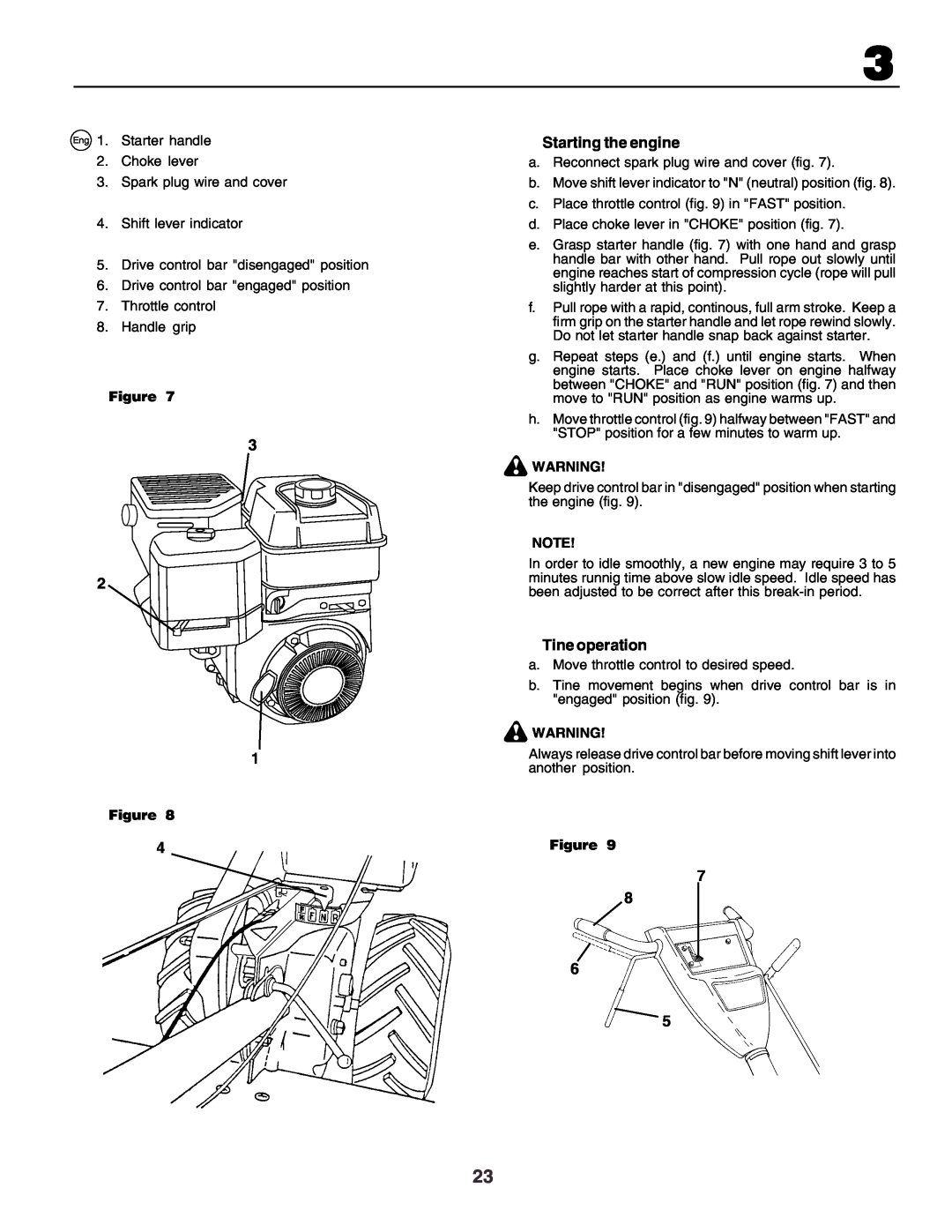 Husqvarna crt51 instruction manual 3 2, Starting the engine, Tine operation, 7 8 6 