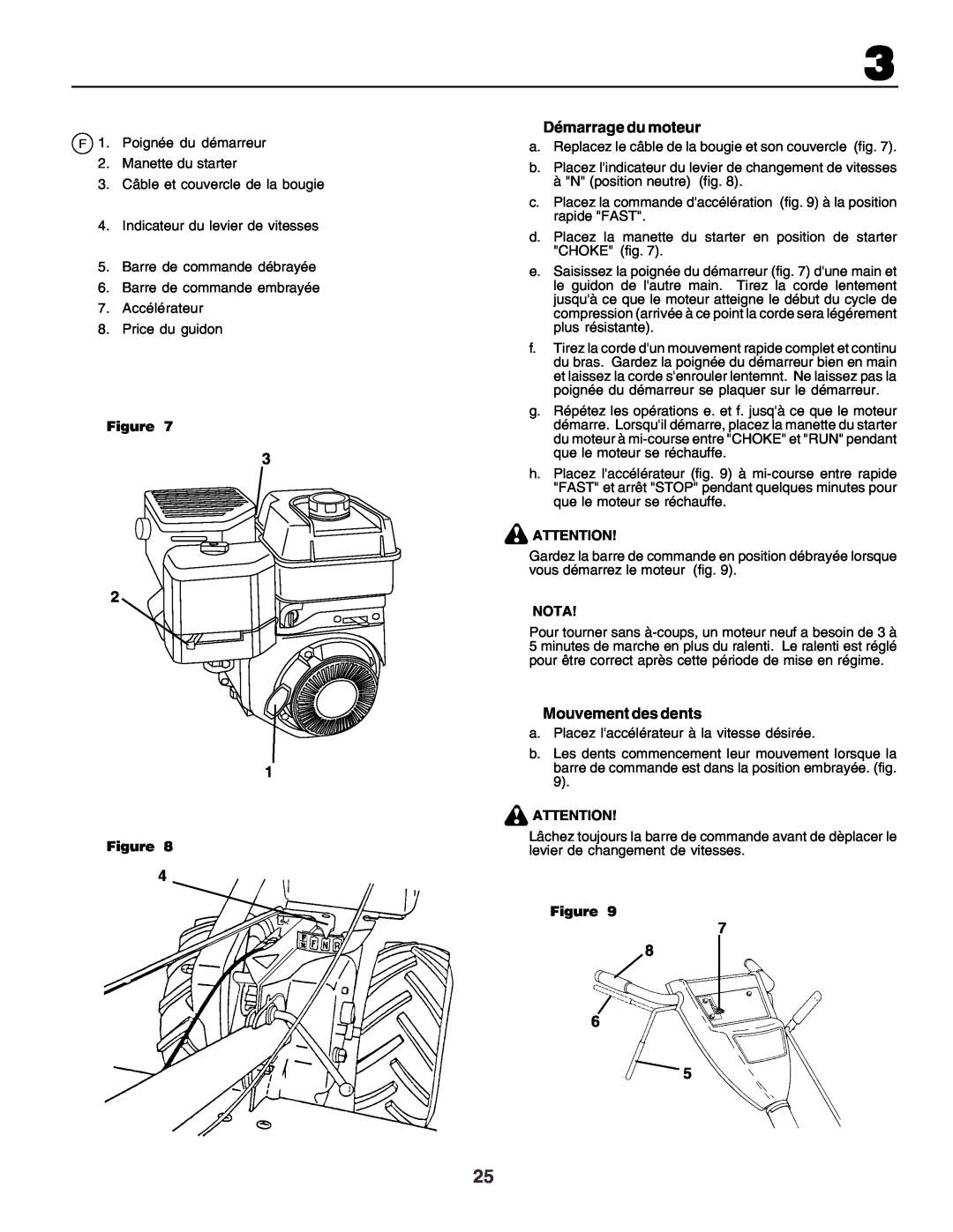 Husqvarna crt51 instruction manual Démarrage du moteur, Mouvement des dents, Nota 