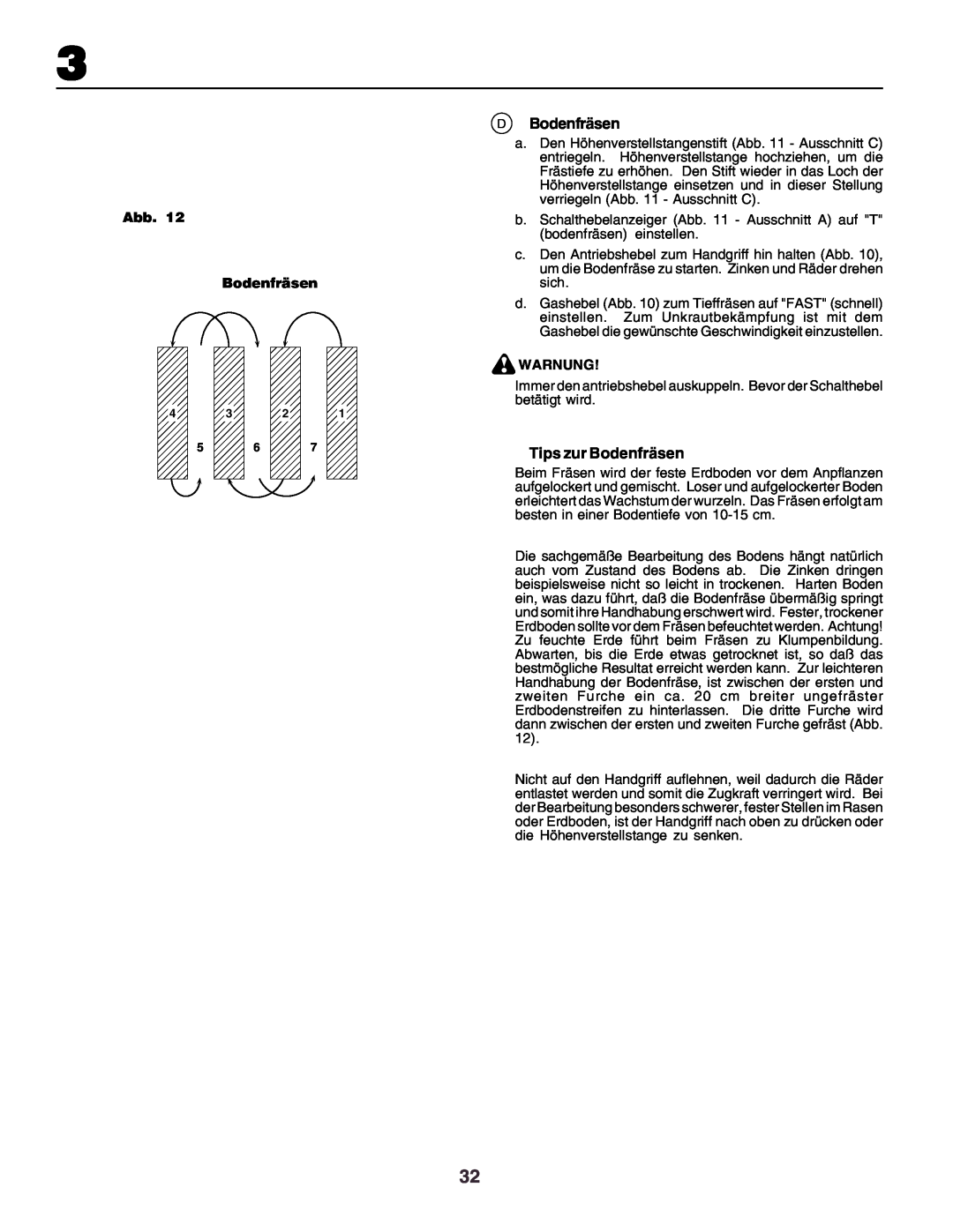 Husqvarna crt51 instruction manual DBodenfräsen, Tips zur Bodenfräsen, Abb. Bodenfräsen, Warnung 