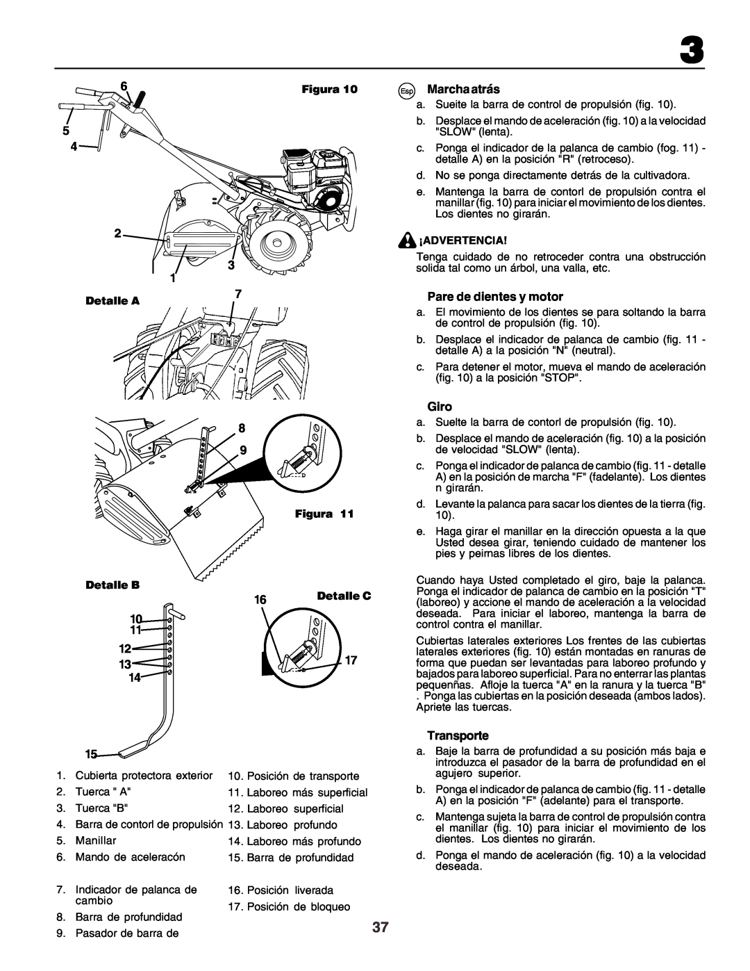Husqvarna crt51 instruction manual Esp Marcha atrás 