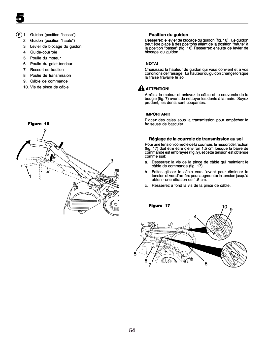 Husqvarna crt51 instruction manual Position du guidon, Réglage de la courroie de transmission au sol, Figure, Nota 