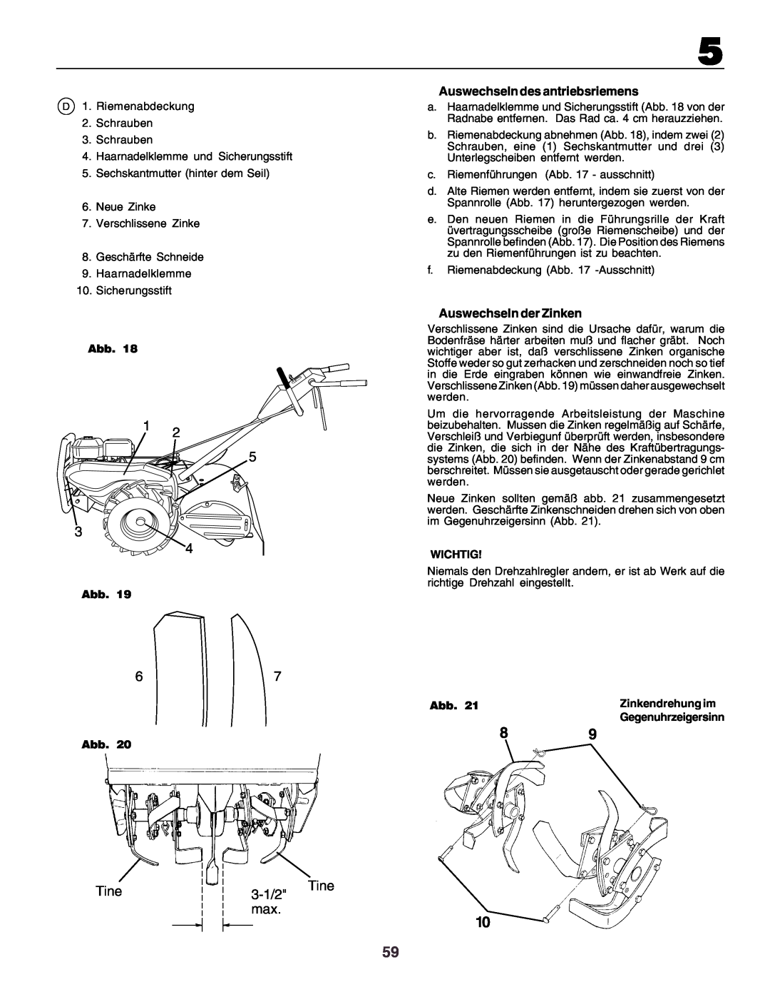 Husqvarna crt51 instruction manual Tine, 3-1/2, Abb, Wichtig, Zinkendrehung im 