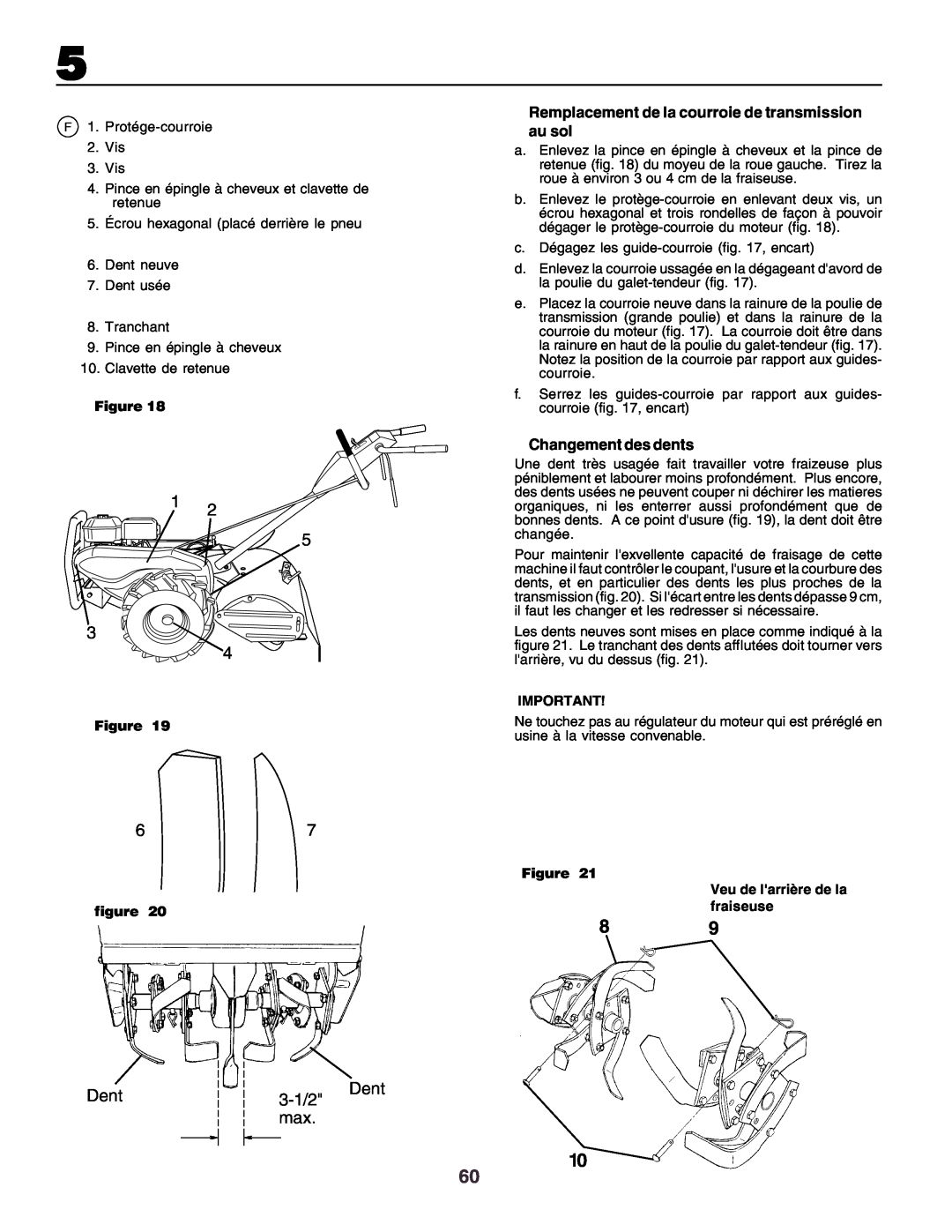 Husqvarna crt51 instruction manual Dent, 3-1/2, Figure Veu de larrière de la fraiseuse 