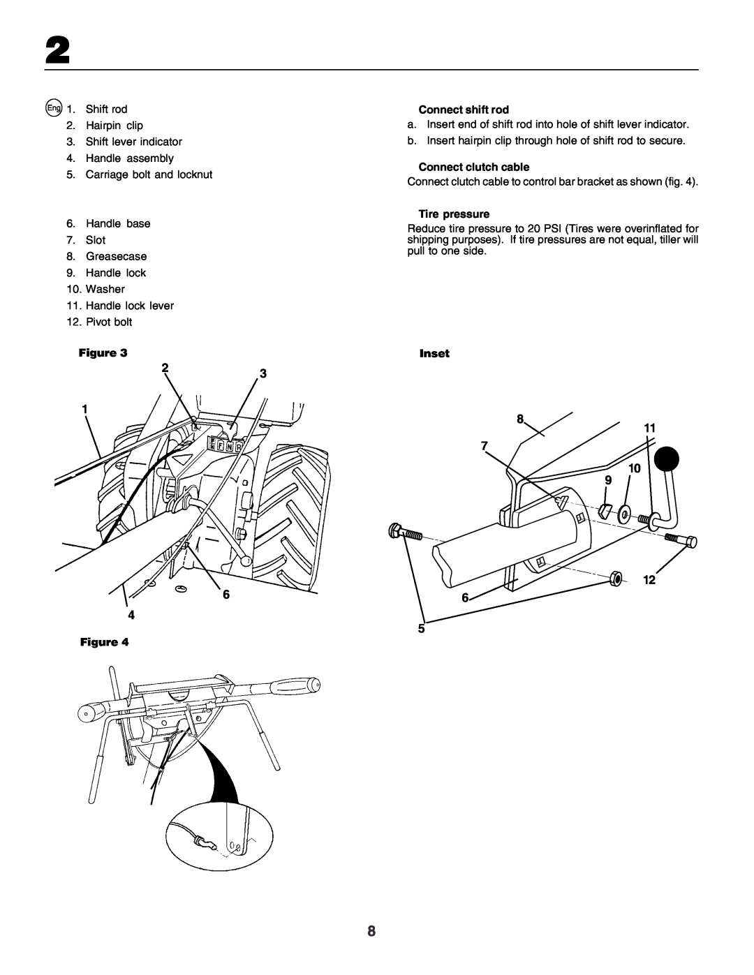 Husqvarna crt51 instruction manual Connect shift rod, Connect clutch cable, Tire pressure, Inset 