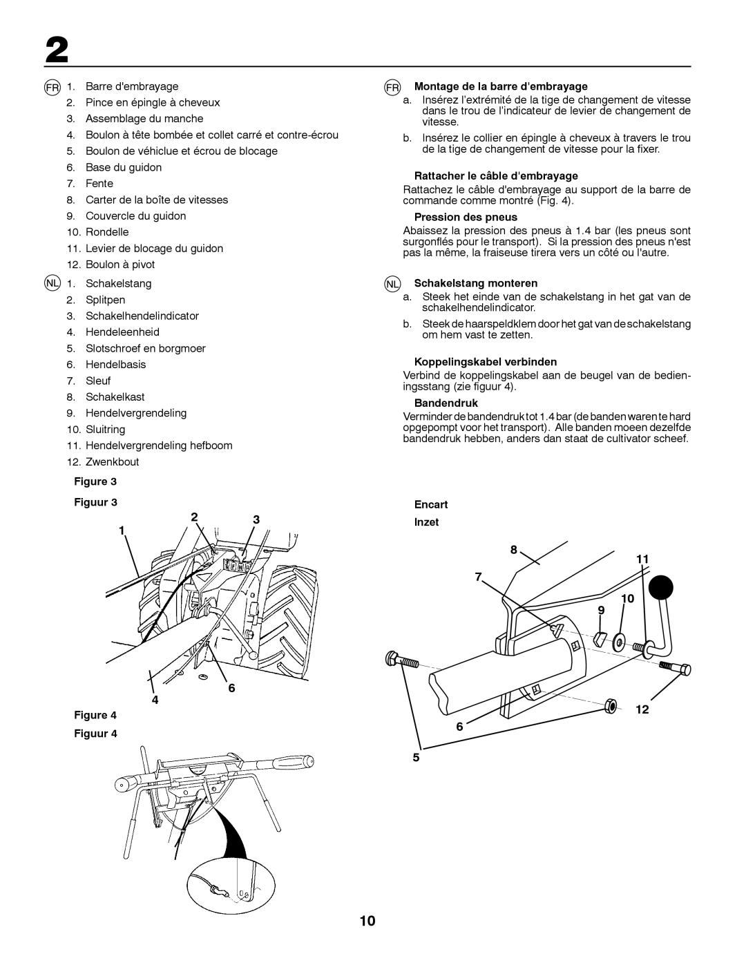 Husqvarna CRT81 Montage de la barre dembrayage, Rattacher le câble dembrayage, Pression des pneus, Schakelstang monteren 