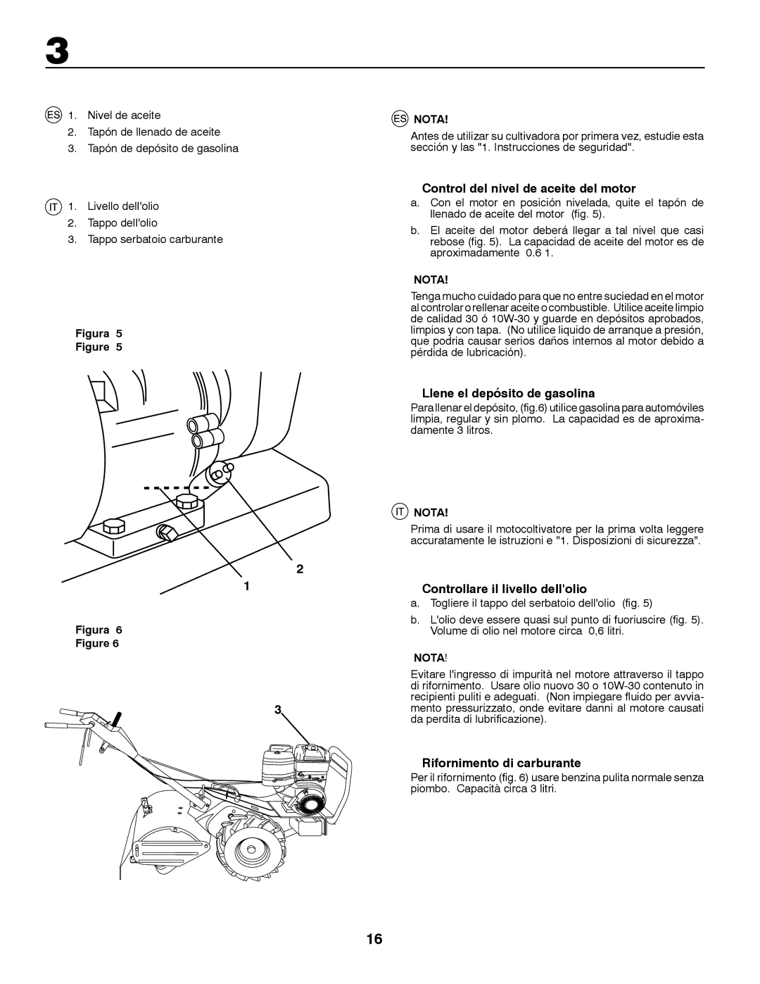 Husqvarna CRT81 Control del nivel de aceite del motor, Llene el depósito de gasolina, Controllare il livello dellolio 