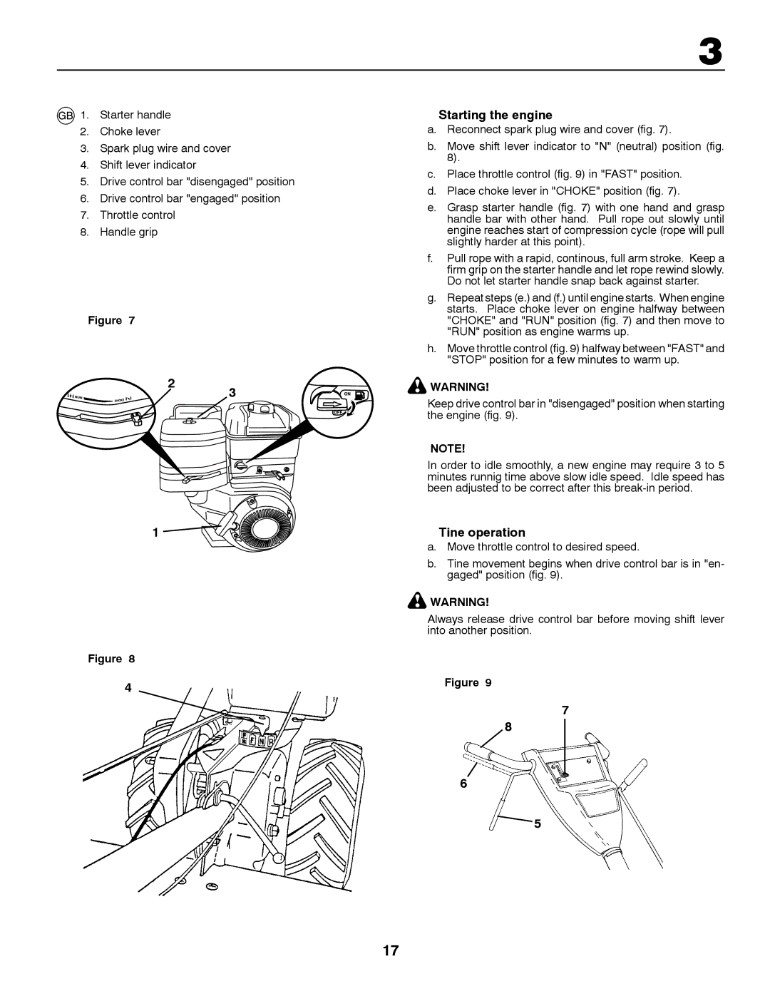 Husqvarna CRT81 instruction manual Starting the engine, Tine operation 