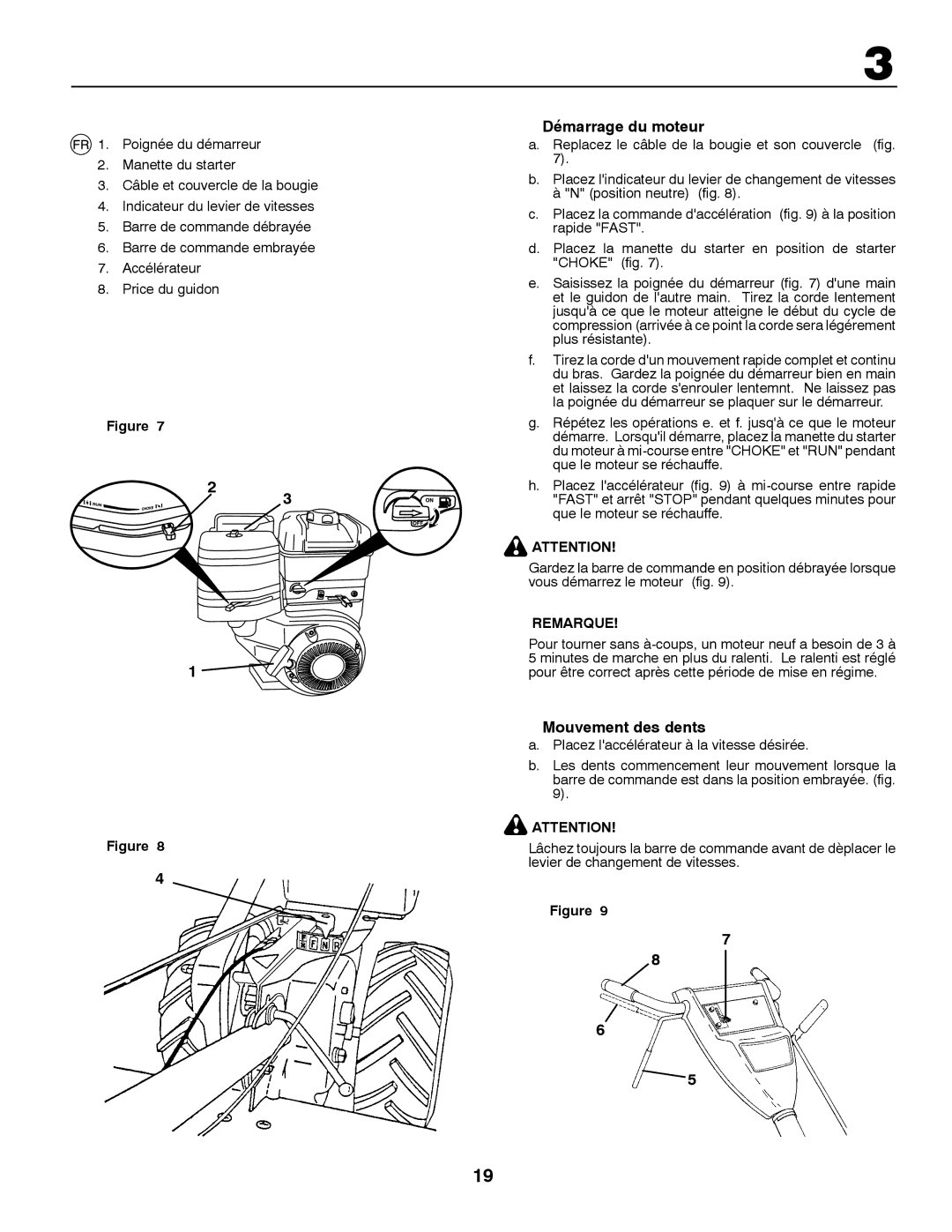 Husqvarna CRT81 instruction manual Démarrage du moteur, Mouvement des dents 