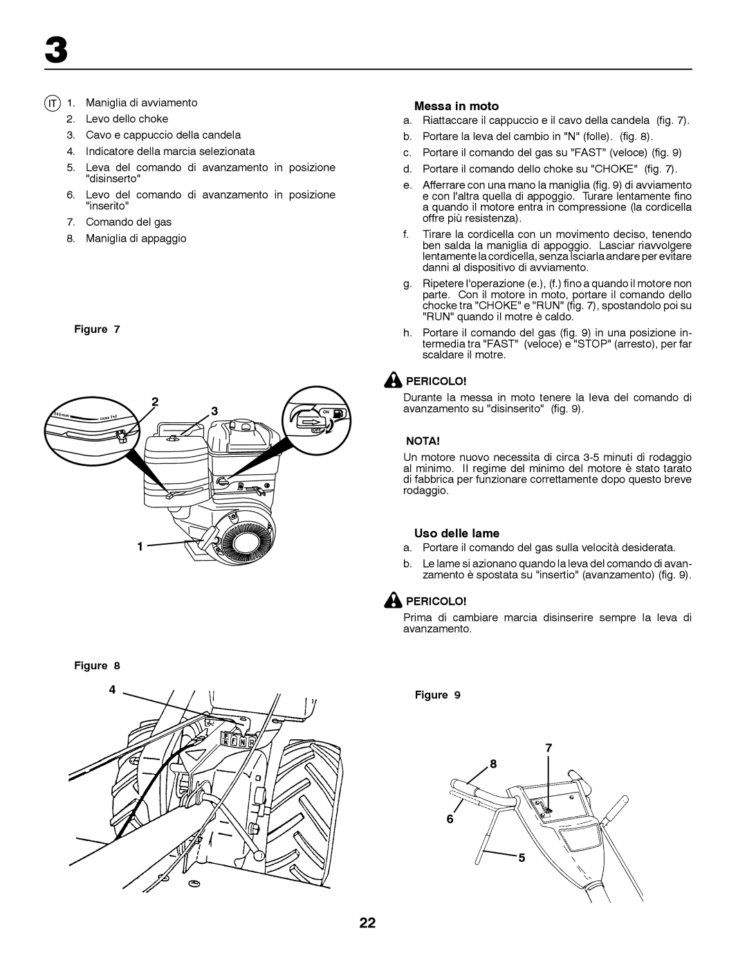 Husqvarna CRT81 instruction manual Messa in moto, Uso delle lame, Portare il comando del gas sulla velocità desiderata 