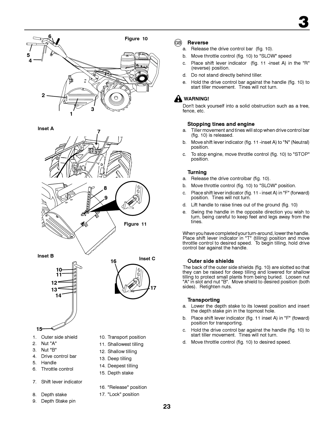 Husqvarna CRT81 instruction manual Reverse, Stopping tines and engine, Turning, Outer side shields, Transporting 