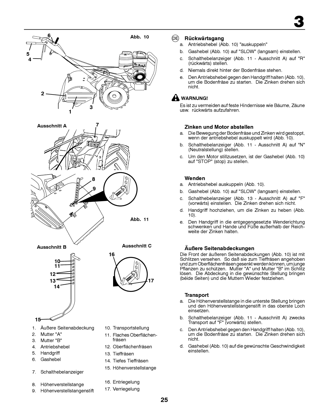 Husqvarna CRT81 instruction manual Rückwärtsgang, Zinken und Motor abstellen, Wenden, Äußere Seitenabdeckungen, Transport 