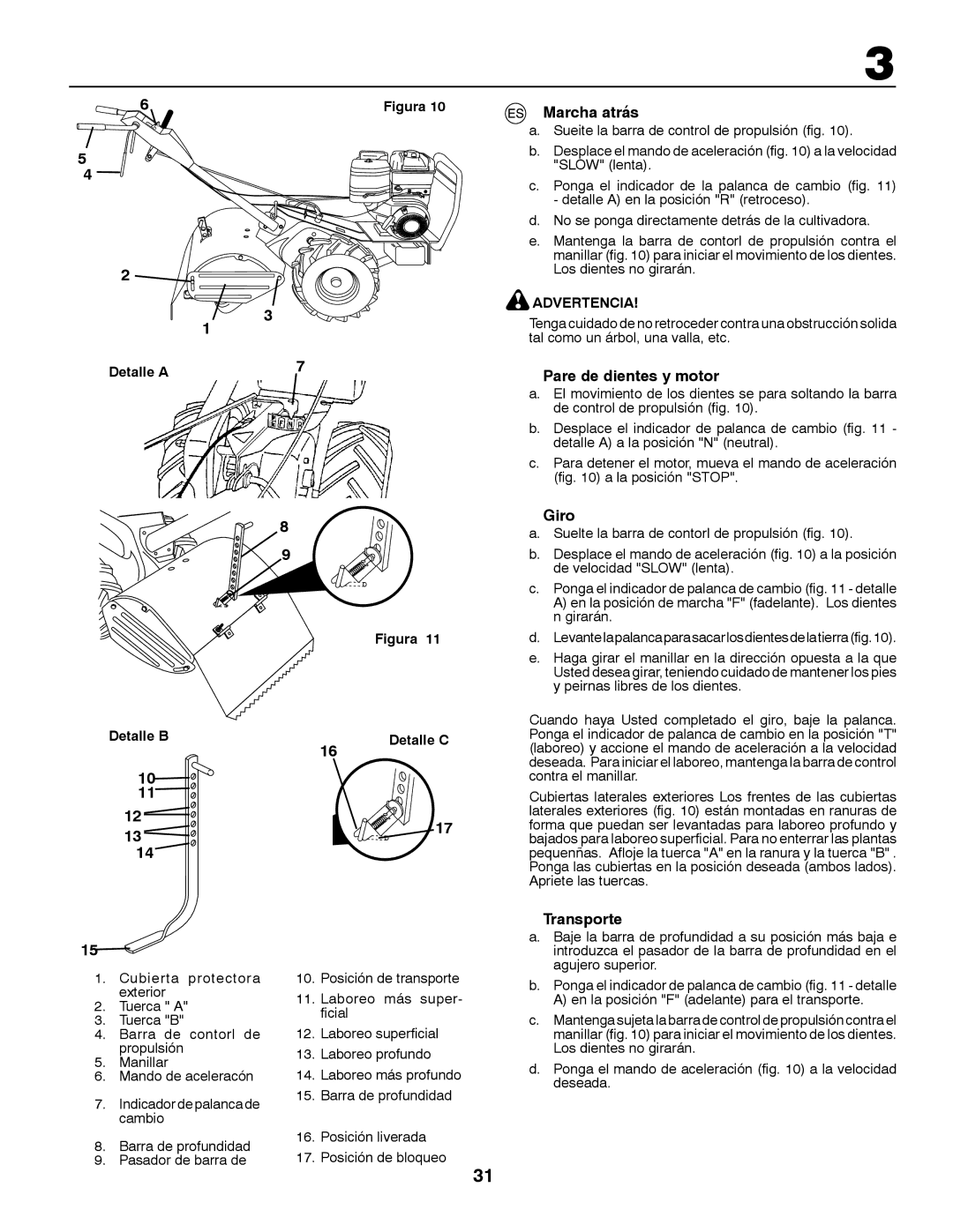 Husqvarna CRT81 instruction manual Marcha atrás, Pare de dientes y motor, Giro, Transporte, Detalle a 