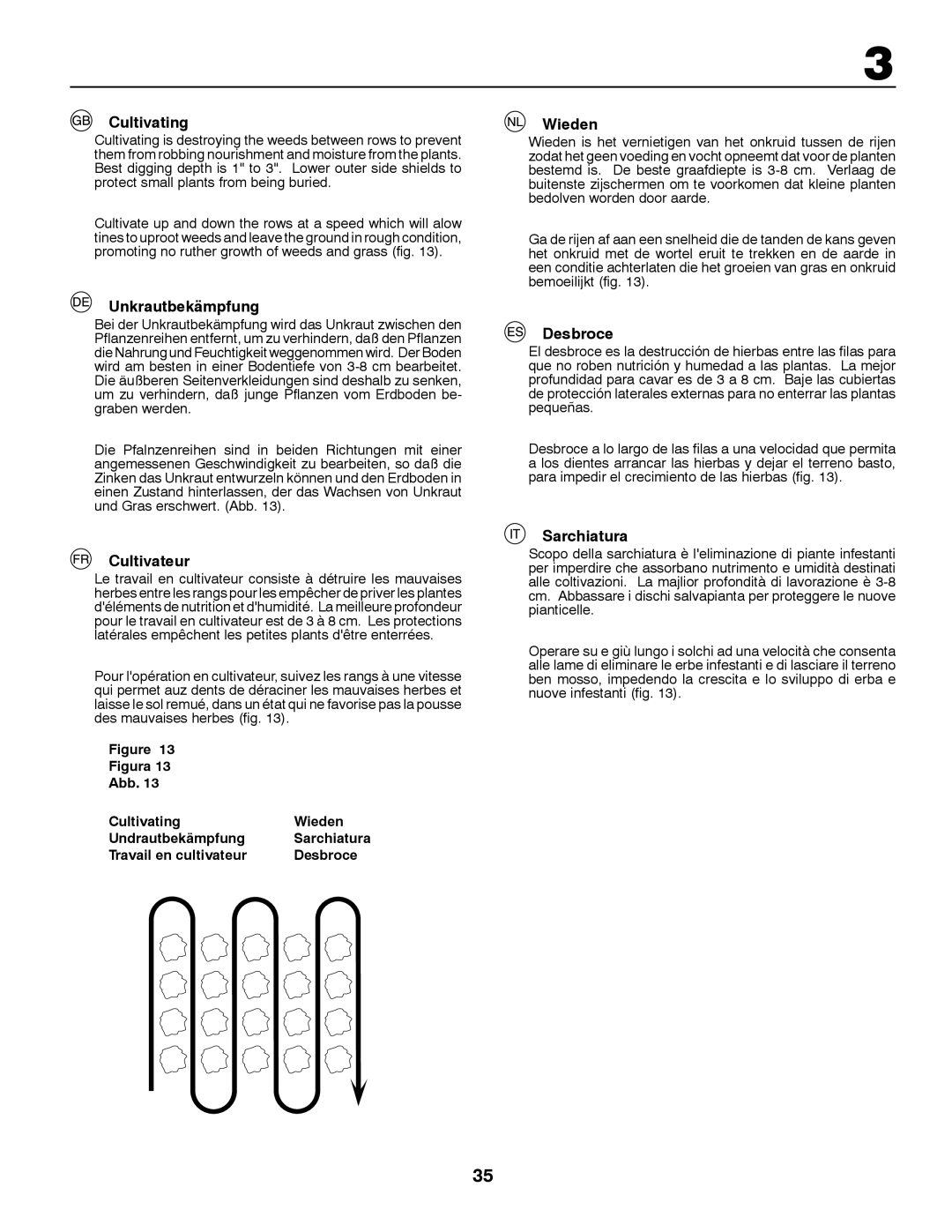 Husqvarna CRT81 instruction manual Cultivating, Unkrautbekämpfung, Cultivateur, Wieden, Desbroce, Sarchiatura 