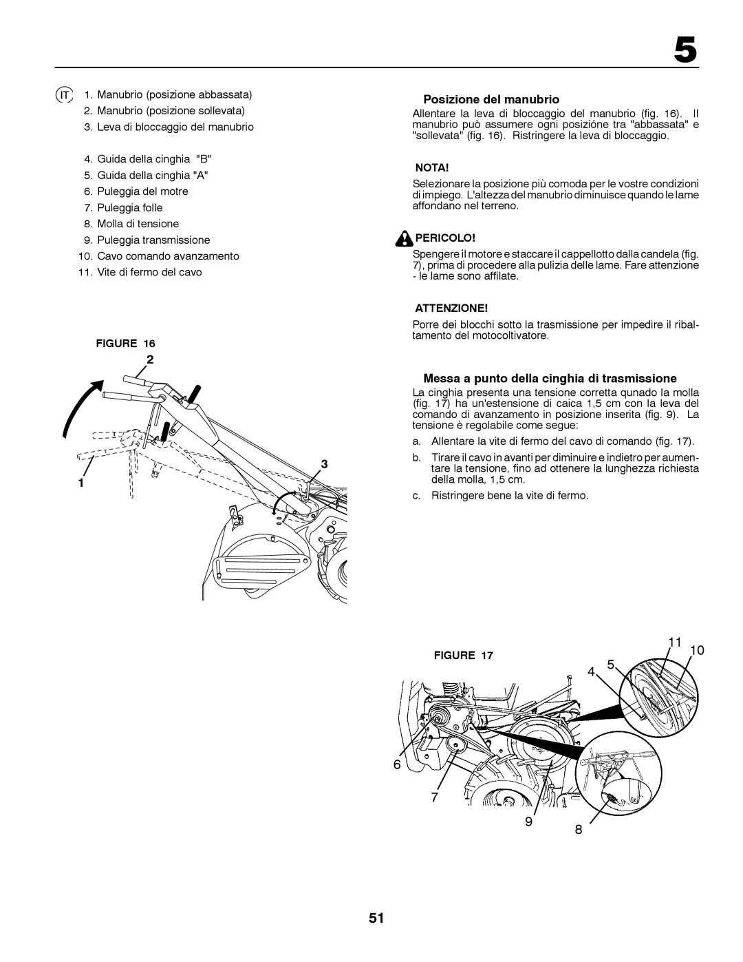 Husqvarna CRT81 instruction manual Posizione del manubrio, Messa a punto della cinghia di trasmissione, Della molla, 1,5 cm 