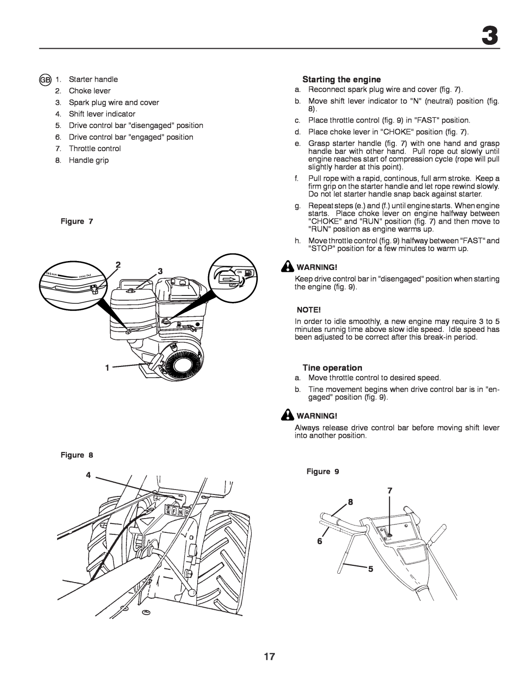 Husqvarna CRT81 instruction manual Starting the engine, Tine operation 