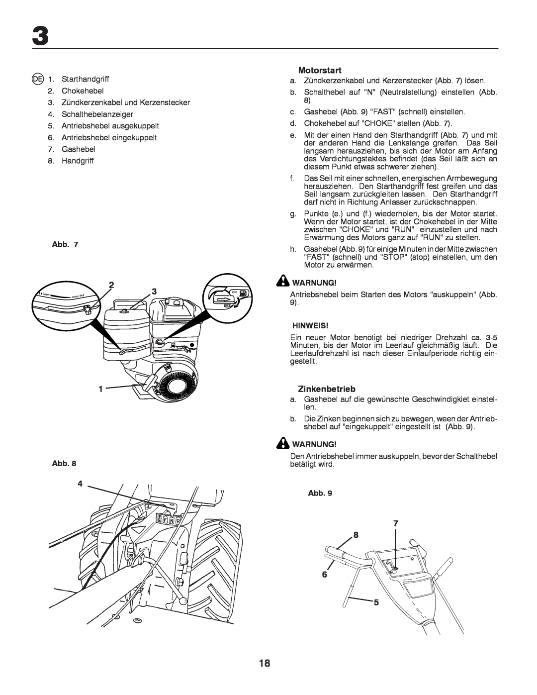 Husqvarna CRT81 instruction manual Motorstart, Zinkenbetrieb, Warnung, Hinweis 