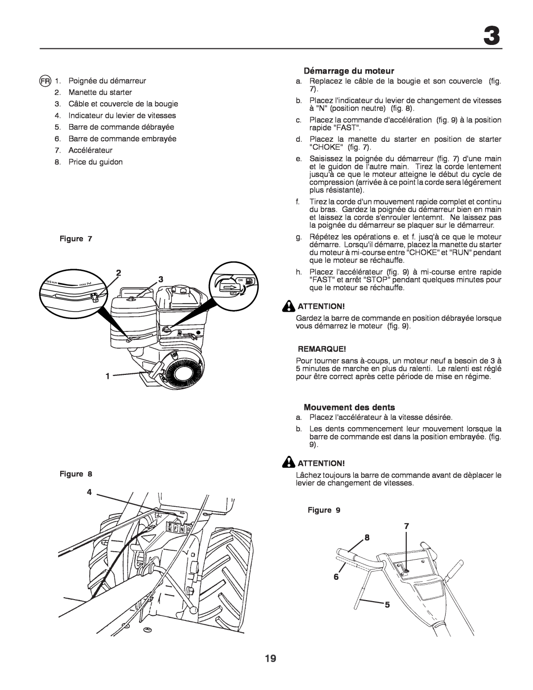 Husqvarna CRT81 instruction manual Démarrage du moteur, Mouvement des dents, Remarque 