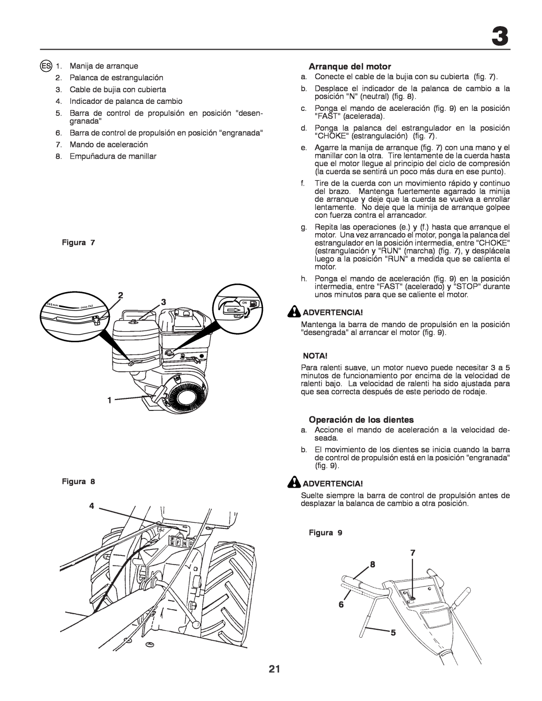 Husqvarna CRT81 instruction manual Arranque del motor, Operación de los dientes, Figura, Advertencia, Nota 