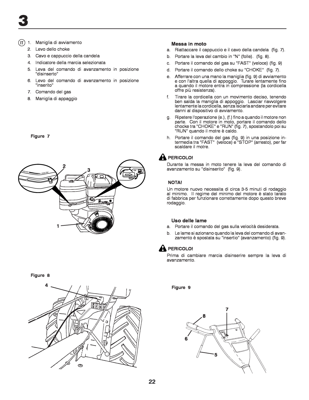 Husqvarna CRT81 instruction manual Messa in moto, Uso delle lame, Pericolo, Nota 