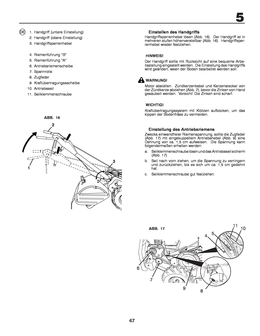 Husqvarna CRT81 instruction manual Einstellen des Handgriffs, Einstellung des Antriebsriemens, Hinweis, Warnung, Wichtig 