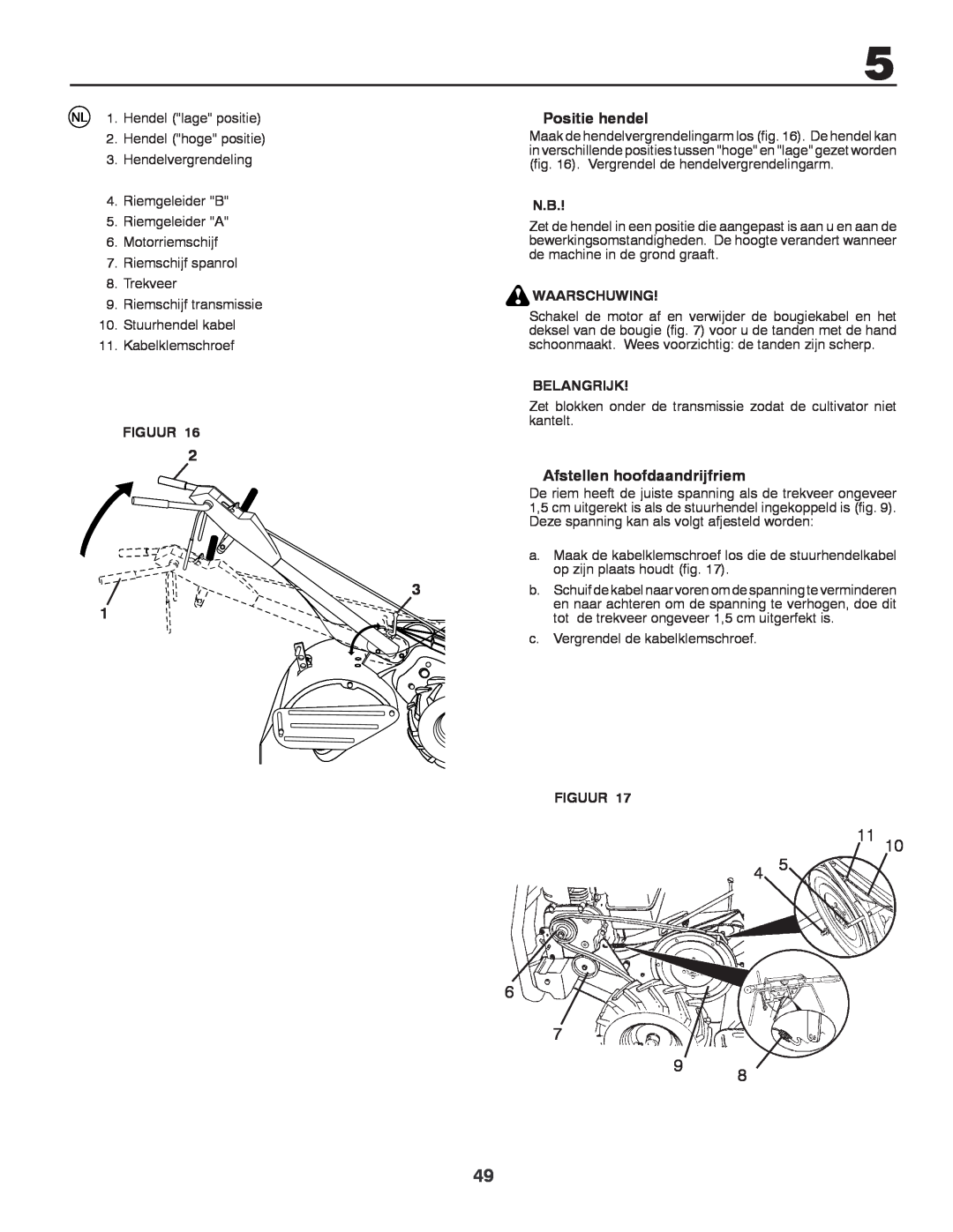 Husqvarna CRT81 instruction manual Positie hendel, Afstellen hoofdaandrijfriem, Figuur, Waarschuwing, Belangrijk 