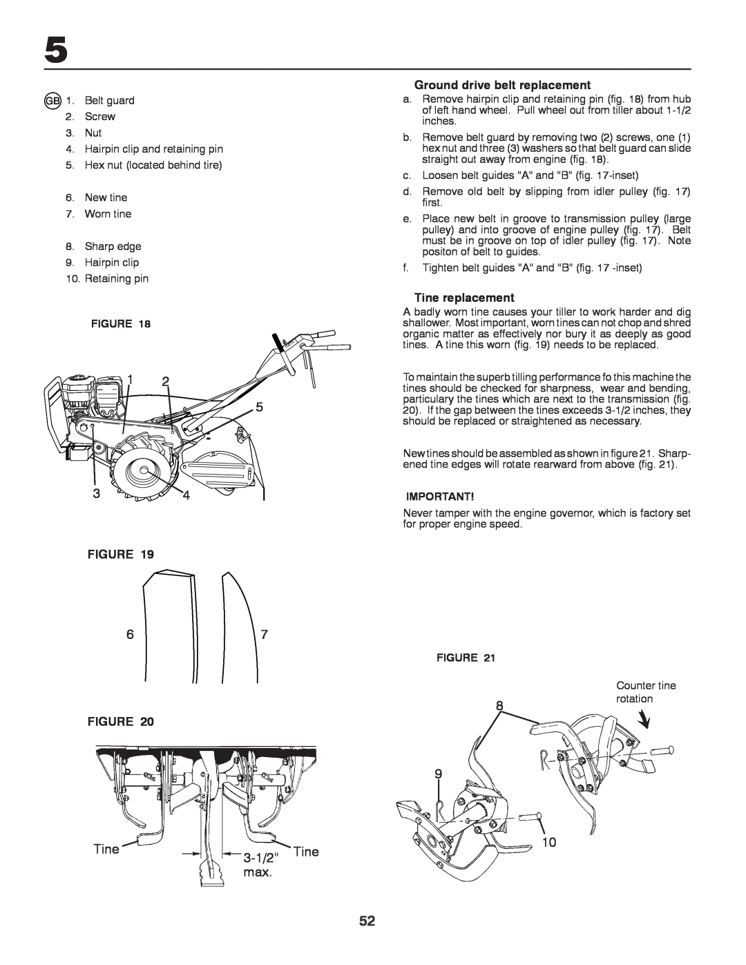 Husqvarna CRT81 instruction manual 3-1/2 Tine, Ground drive belt replacement, Tine replacement 
