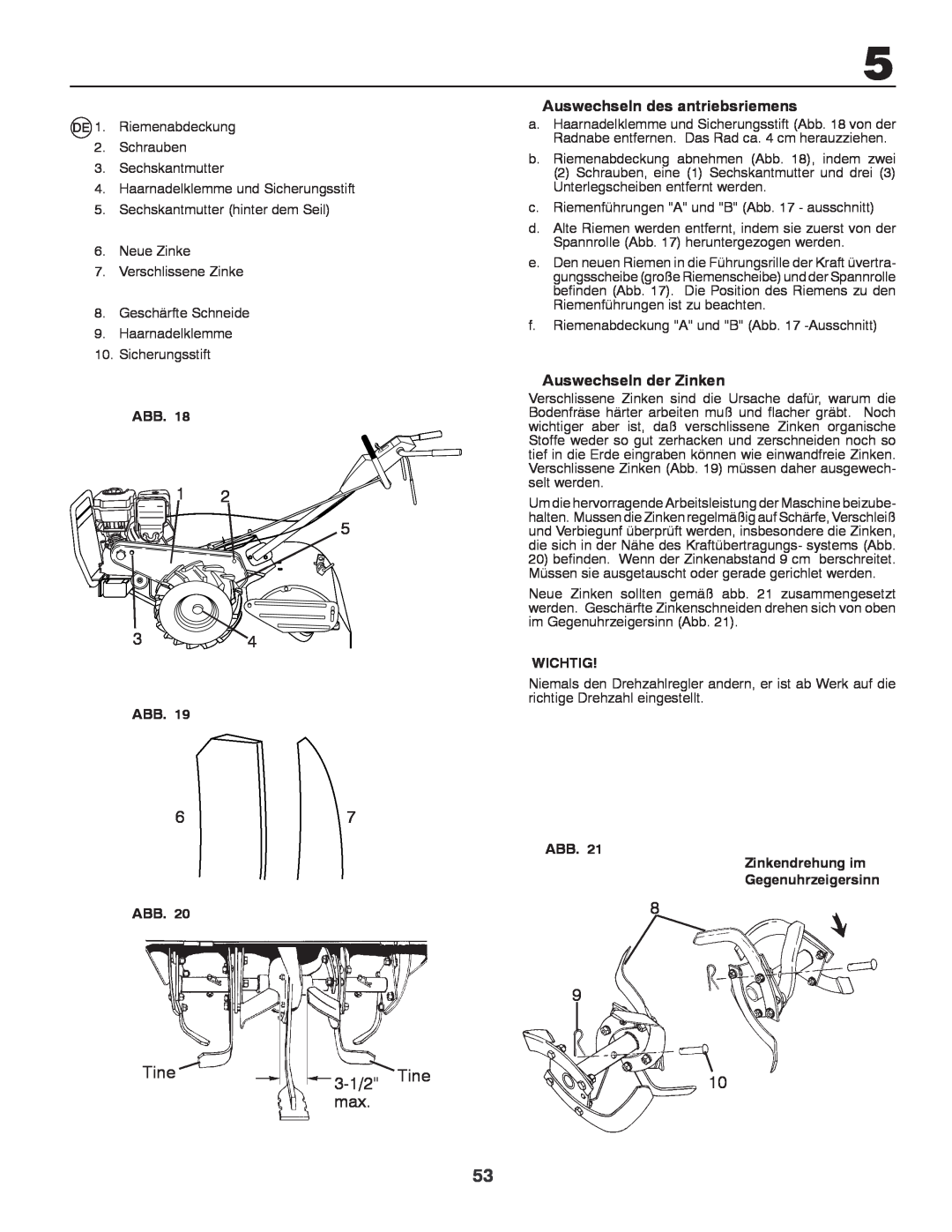 Husqvarna CRT81 instruction manual 3-1/2 Tine, Auswechseln des antriebsriemens, Auswechseln der Zinken, Wichtig 