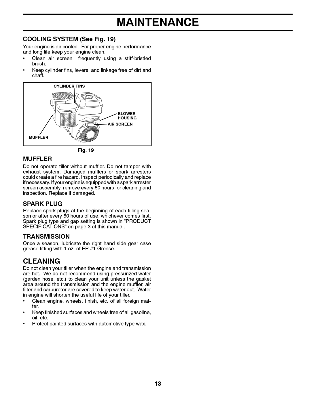 Husqvarna CRT900 owner manual Cleaning, Cooling System See Fig, Muffler, Spark Plug, Transmission 