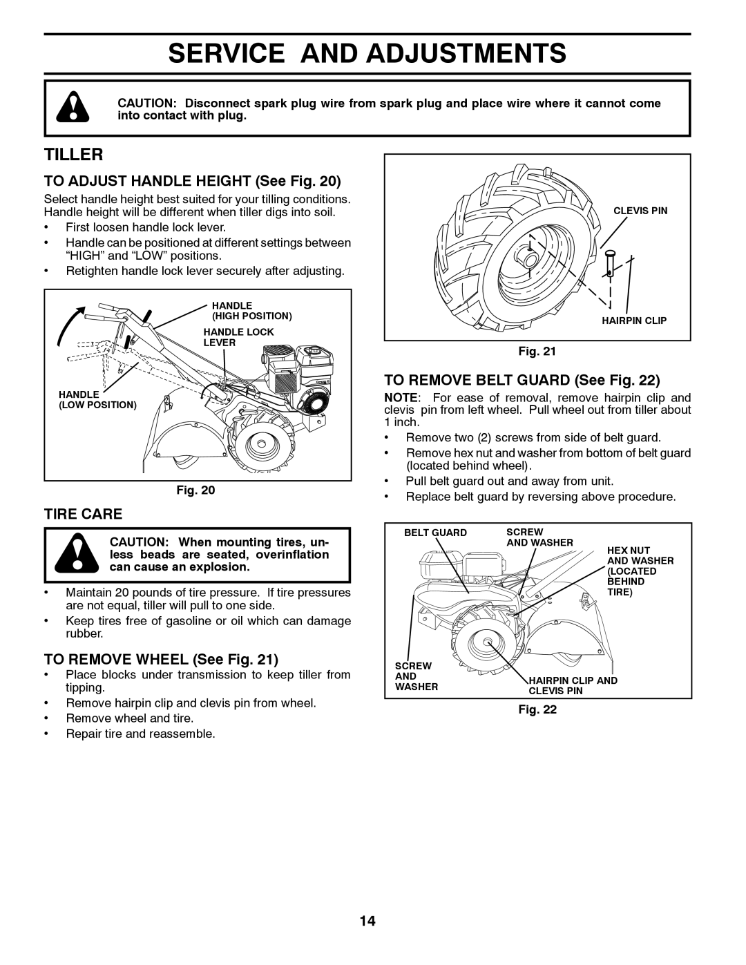 Husqvarna CRT900 owner manual Service and Adjustments, Tiller, Tire Care 