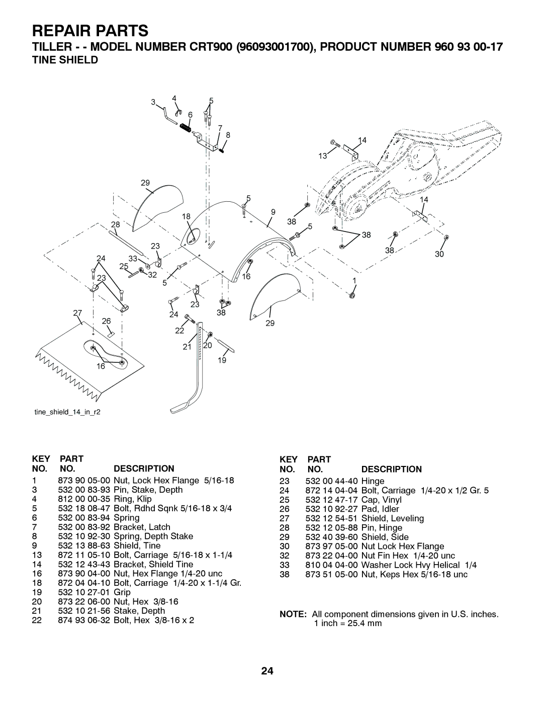 Husqvarna CRT900 owner manual Tine Shield, KEY Part NO. NO. Description 