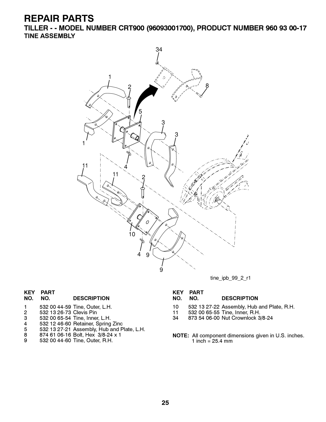 Husqvarna CRT900 owner manual Tine Assembly,      