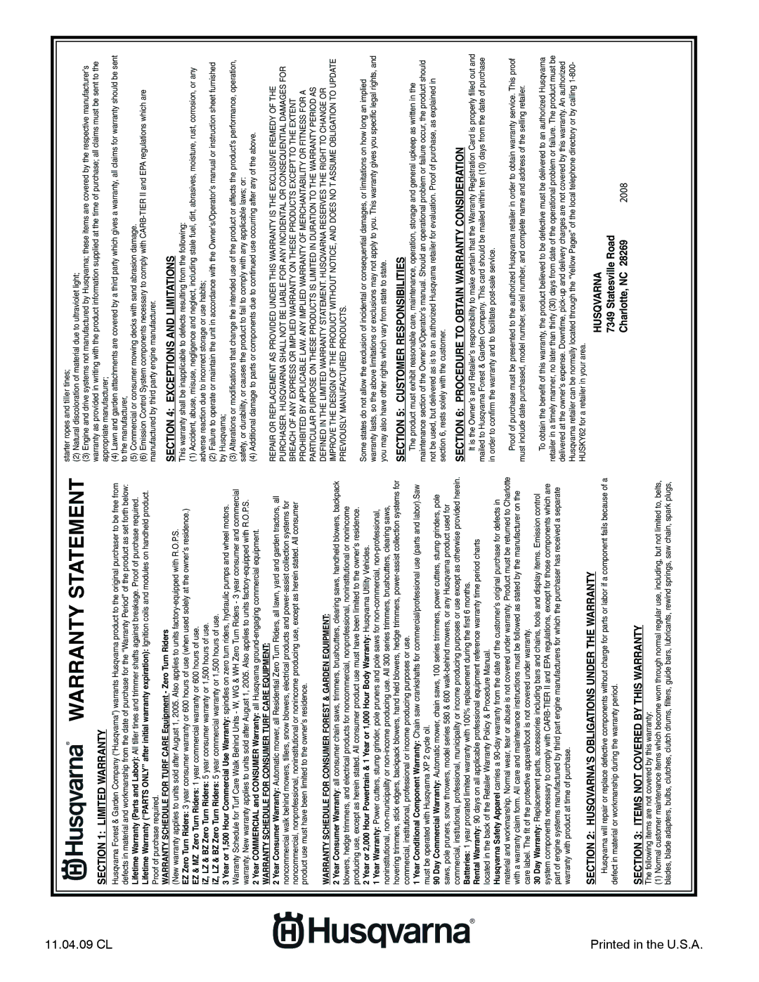 Husqvarna CRT900 owner manual Warranty Statement 