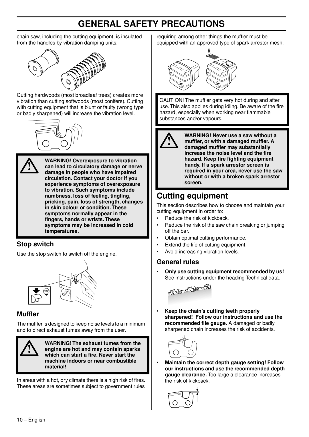 Husqvarna CS 2159WH, CS 2156CWH, CS 2159CWH manual Cutting equipment, Stop switch, Mufﬂer, General rules 