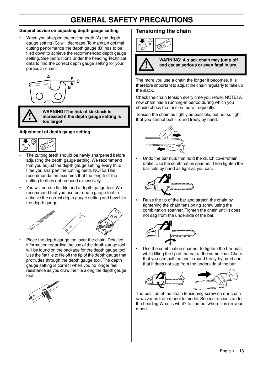 Husqvarna CS 2159WH, CS 2156CWH, CS 2159CWH manual Tensioning the chain 