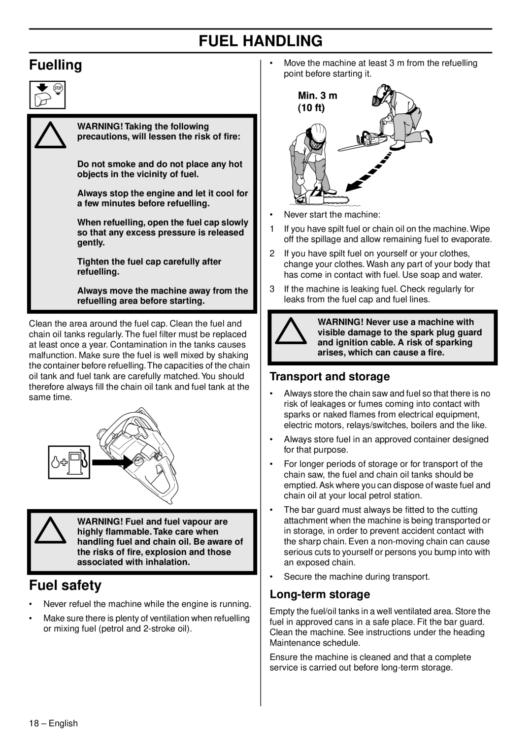 Husqvarna CS 2159WH, CS 2156CWH, CS 2159CWH manual Fuelling, Fuel safety, Transport and storage, Long-term storage 