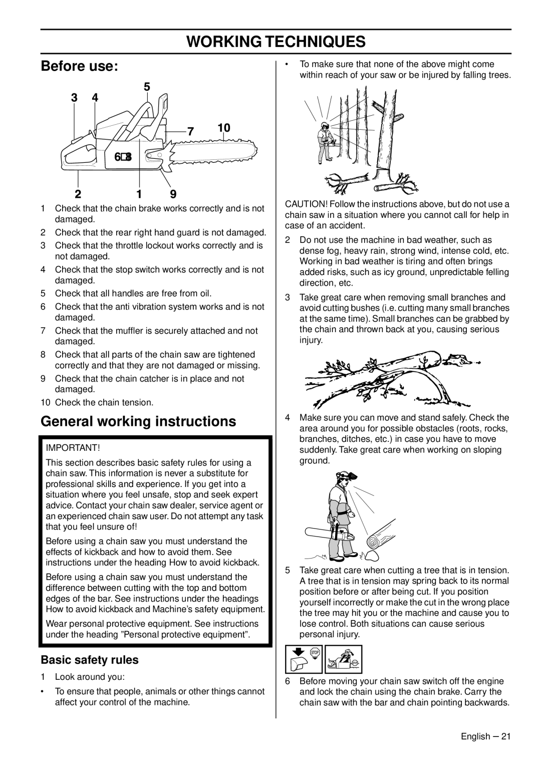 Husqvarna CS 2159WH, CS 2156CWH manual Working Techniques, Before use, General working instructions, Basic safety rules 